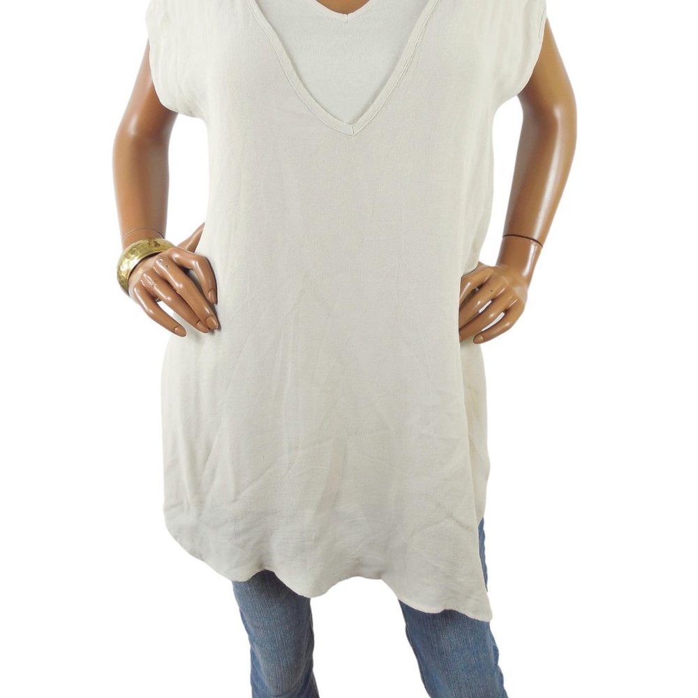 CHICO'S Top M Sz 1 Beige/Tan Knit Tunic Blouse Chiffon Overlay Relaxed Fit - Picture 2 of 11